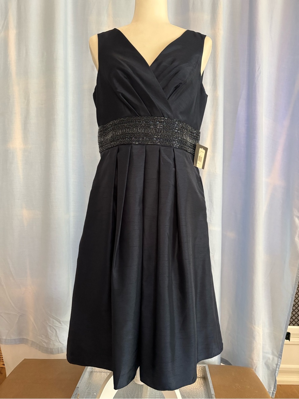 JS Collections Navy Sleeveless V-Neck Cocktail Dress with Beaded Waist.